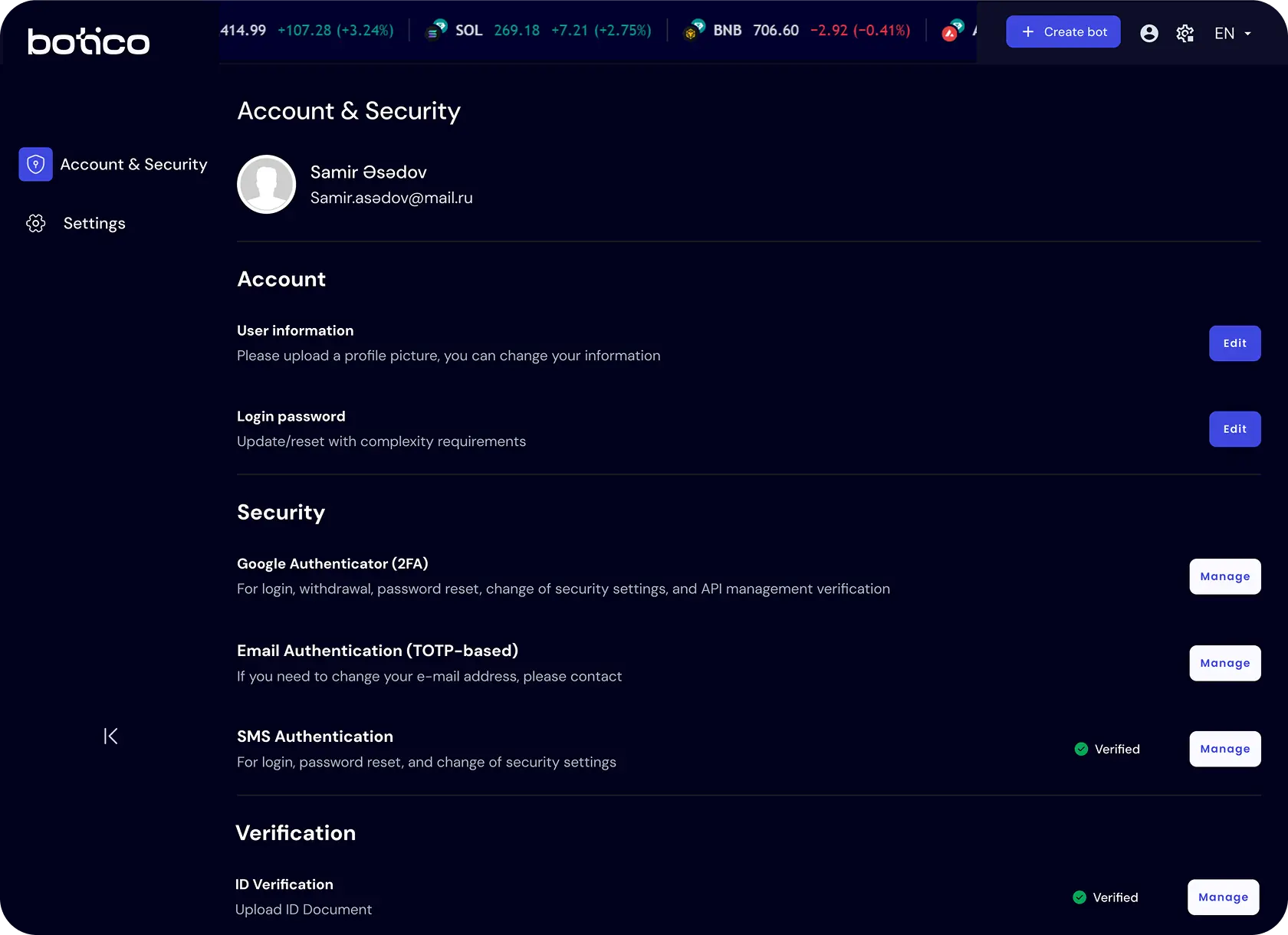 UI screen of the Botico app's 'Account & Security' page, where users can manage their account details and security settings.