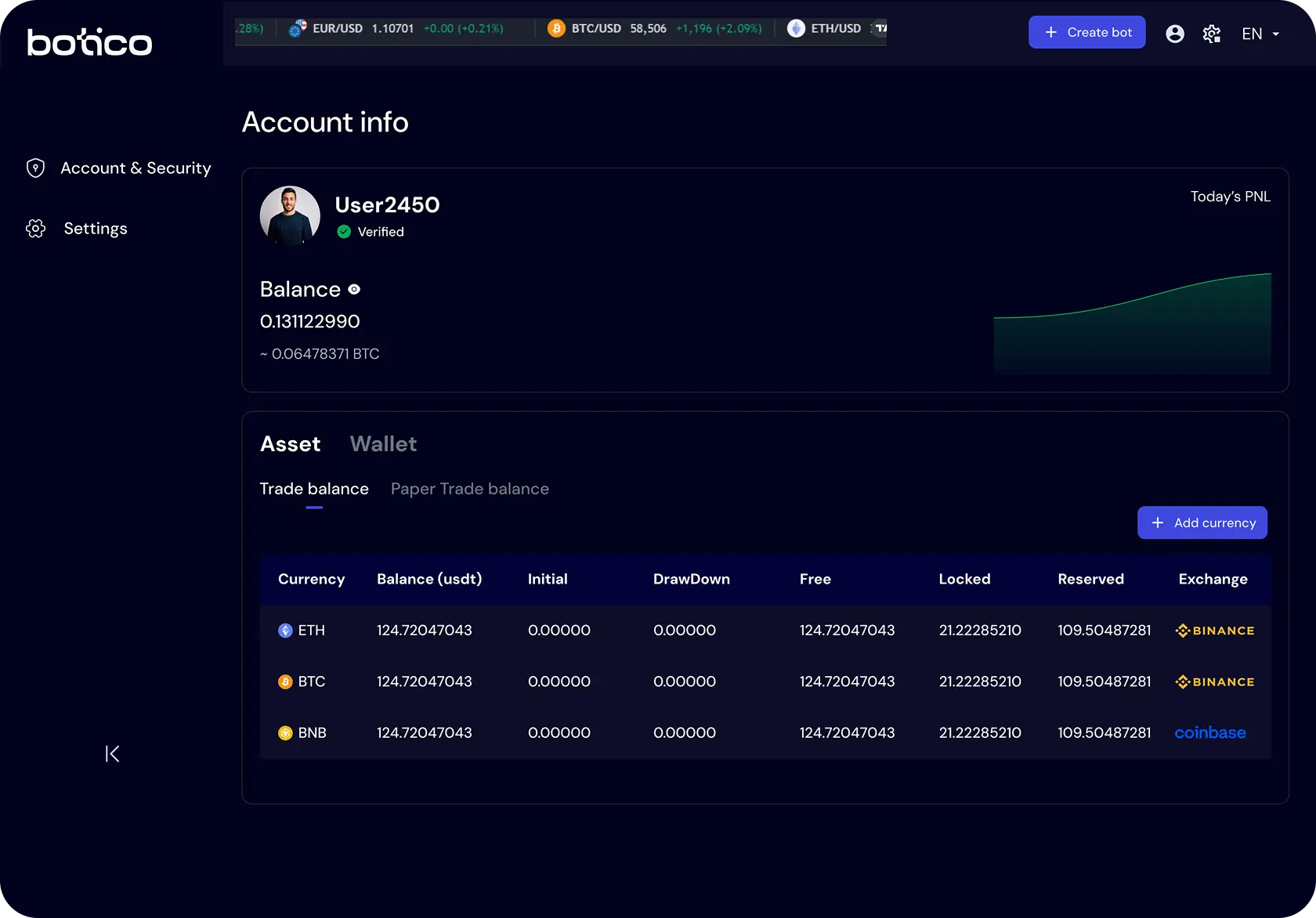 UI screen of the Botico app's 'Account' page, showing the user's current balance and asset holdings.