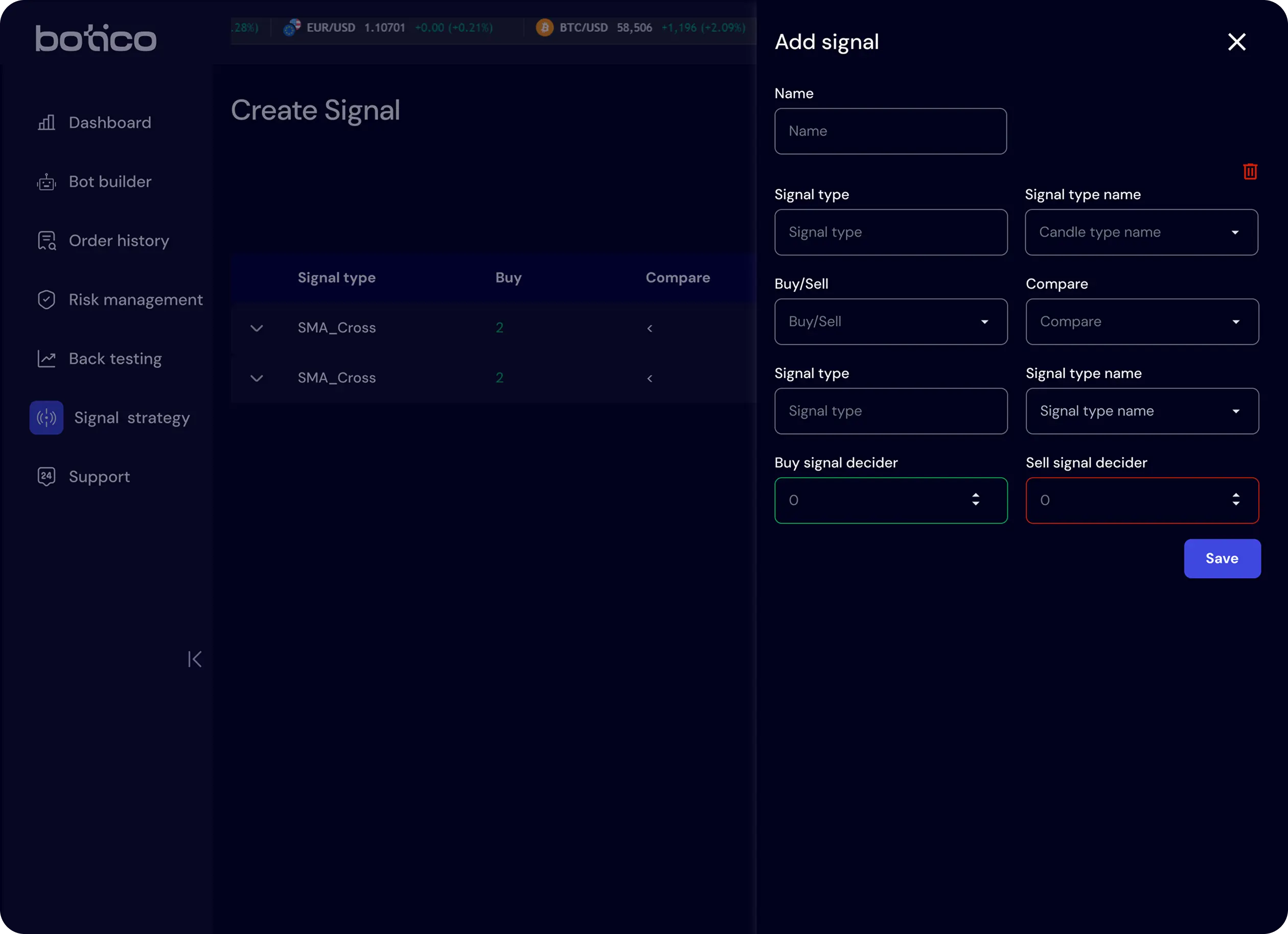 UI screen of the Botico app's 'Add Signal' page, where users can create custom trading signals.