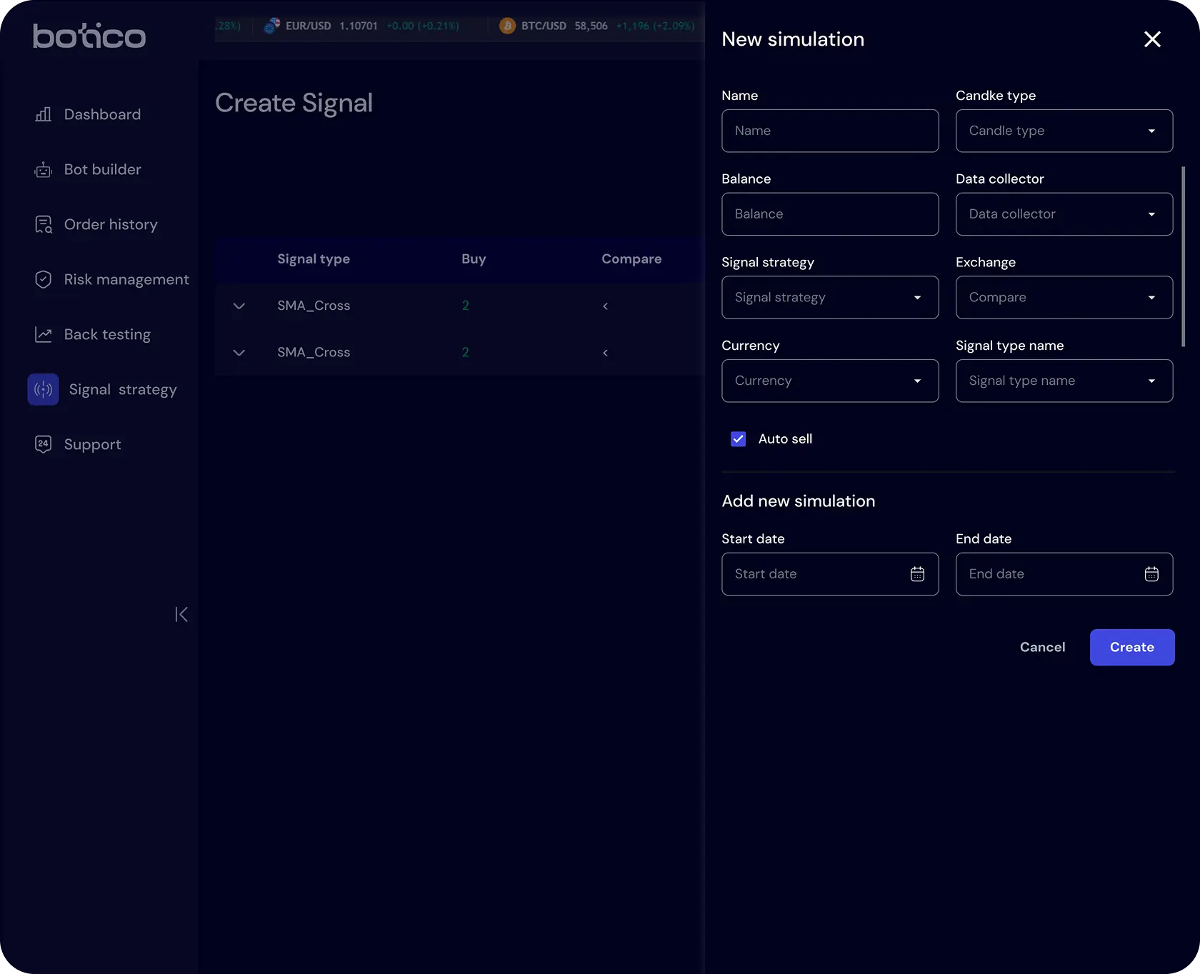 UI screen of the Botico app's 'Add Simulation' page, where users can define the parameters for simulating trading strategies.