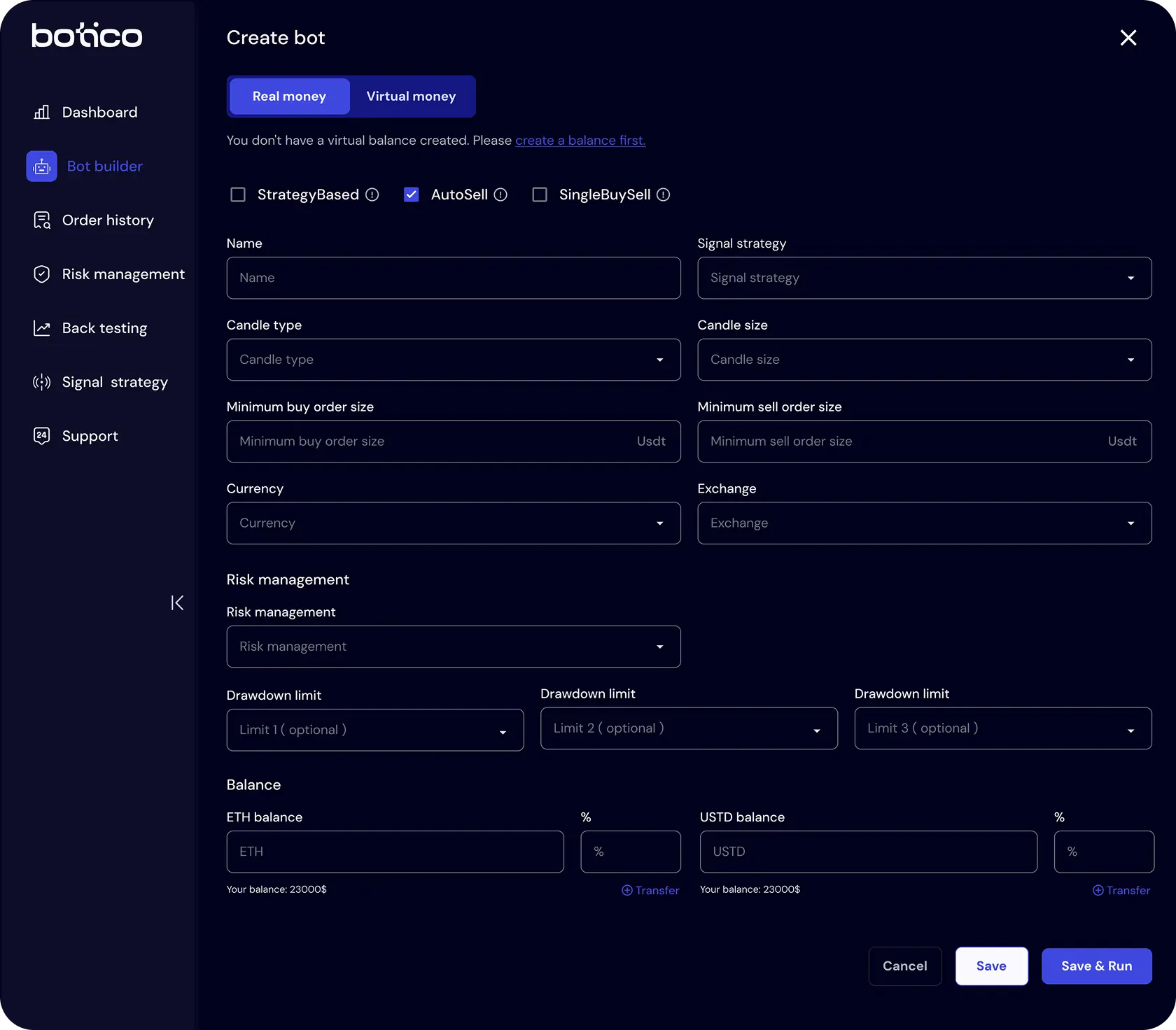 UI screen of the Botico app's 'Create Bot' form, allowing users to configure and set up their automated trading bots.
