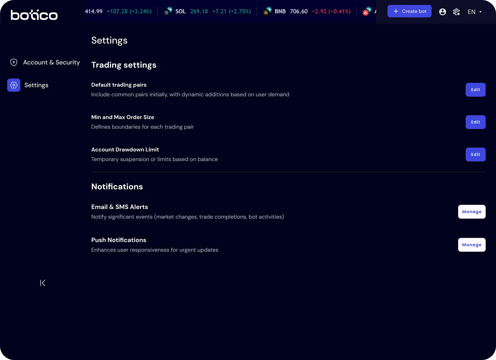 UI screen of the Botico app's 'Settings' page, allowing users to customize their app preferences and trading parameters.