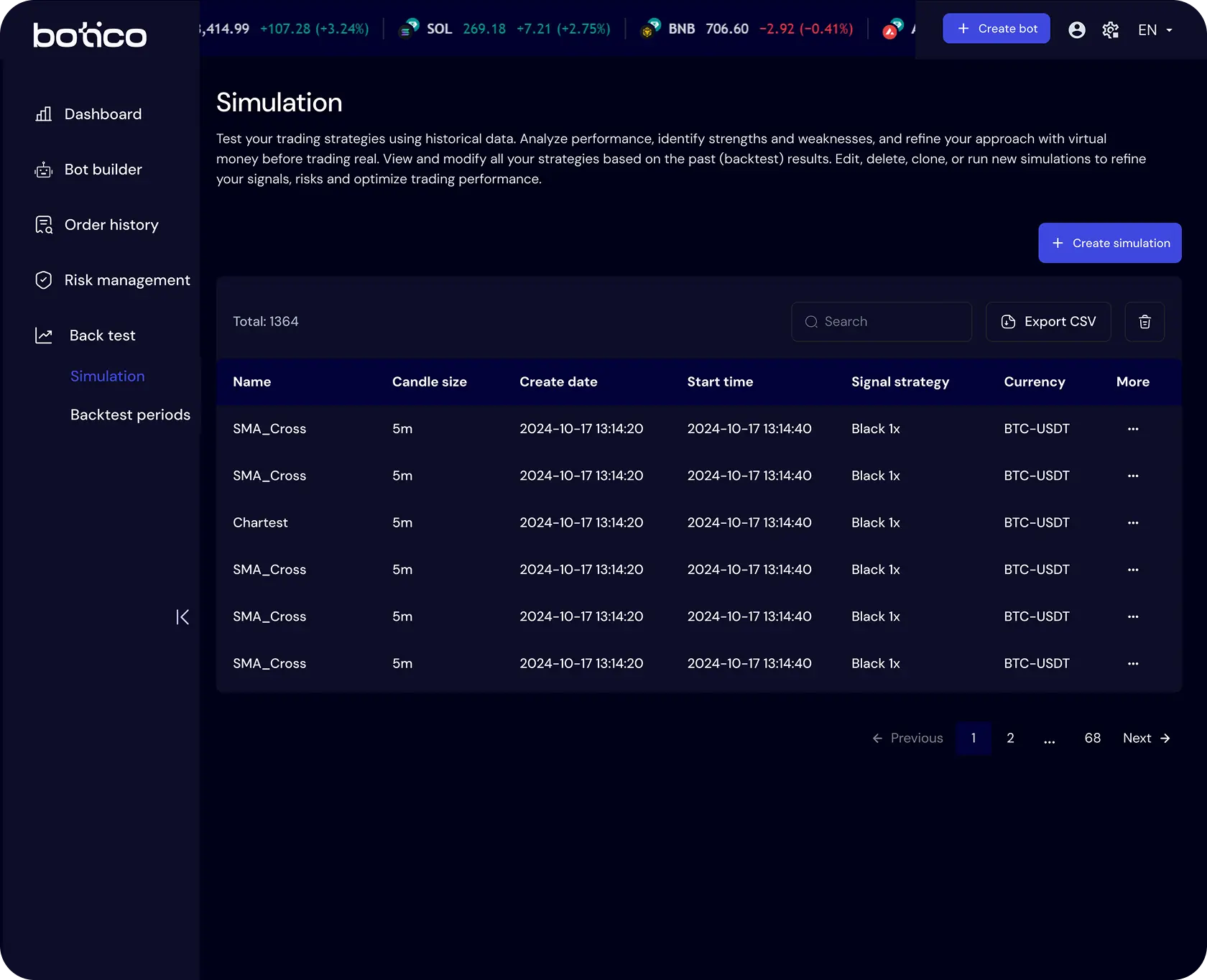 UI screen of the Botico app's 'Simulation' page, showing tools for testing and refining trading strategies using historical data.