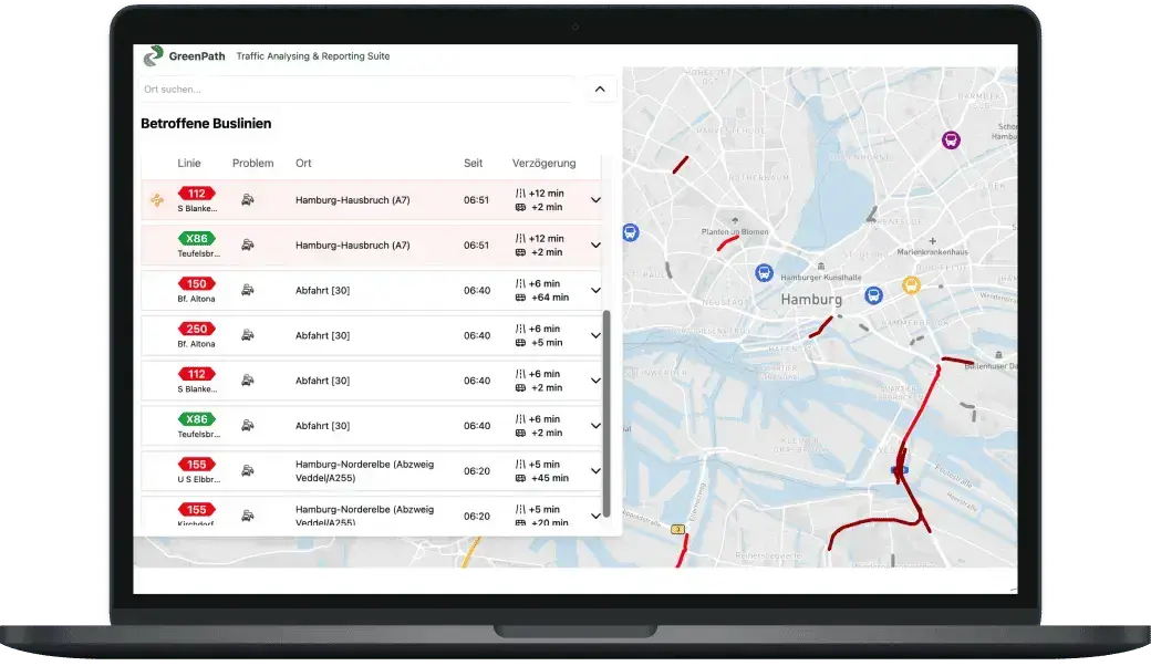 Mockup of the Green Path platform interface on a Macbook, demonstrating its layout and key features designed for traffic control center operators.