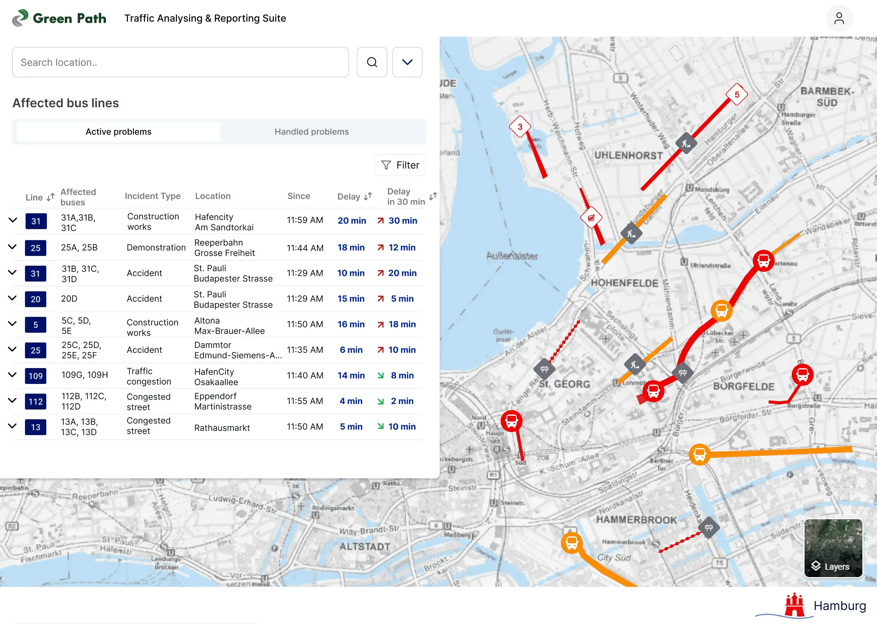 Exploration 1 of Green Path: Table interface with map integration, detailing incident and bus line overview.