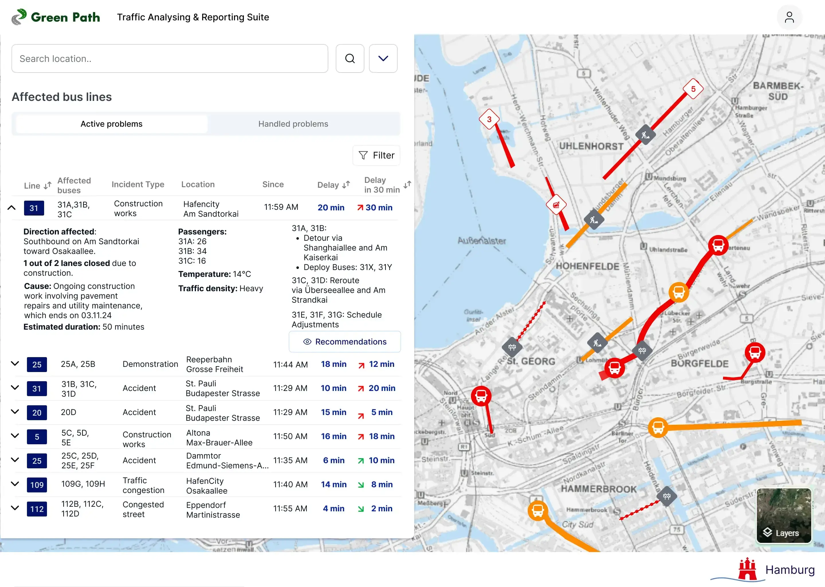 Exploration 2 of Green Path: Detail view of an incident with recommendations, including passenger numbers.